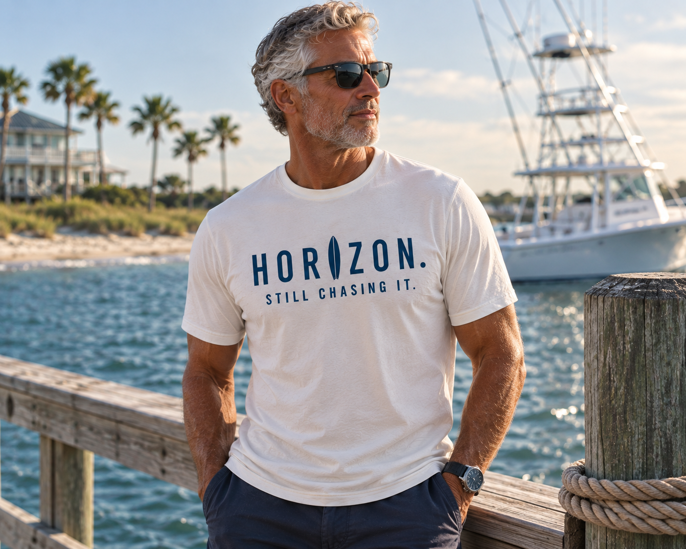 Man wearing the Horizon Still Chasing It T-shirt on a coastal dock