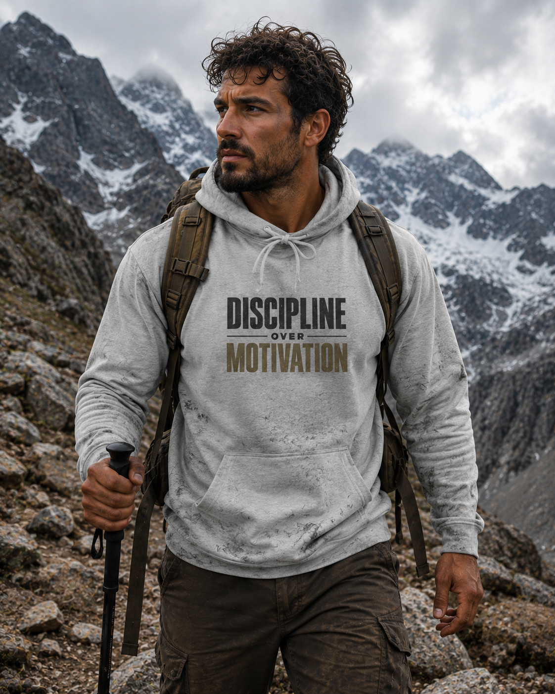 Man hiking through mountains in a Discipline Over Motivation hoodie