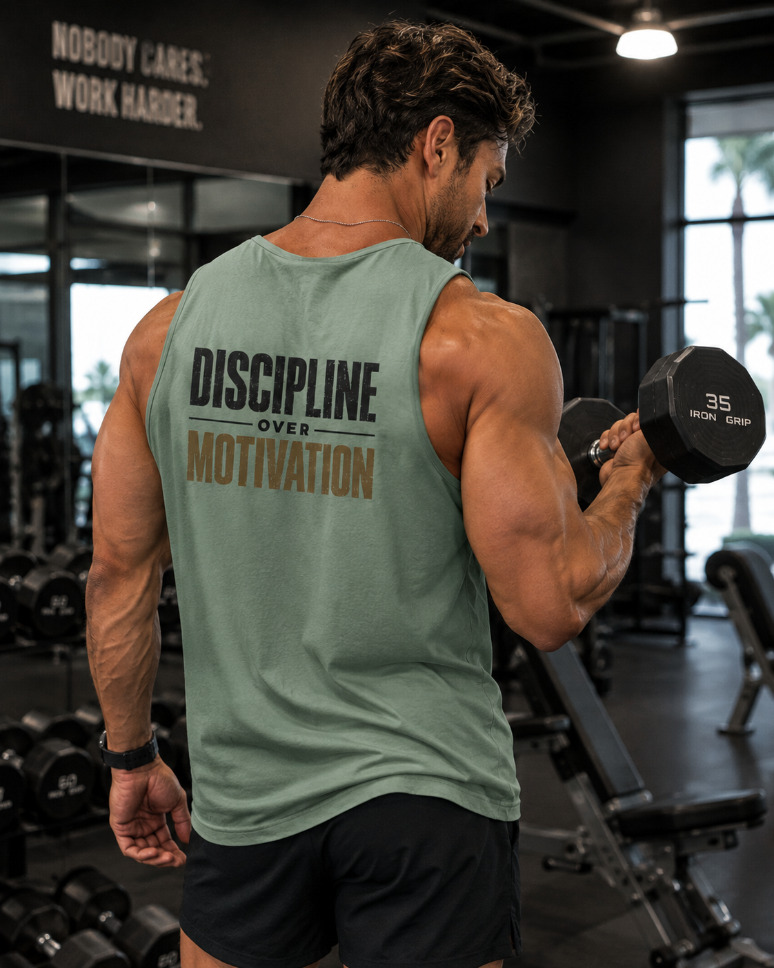 Man training with a dumbbell while wearing the Discipline Over Motivation tank top