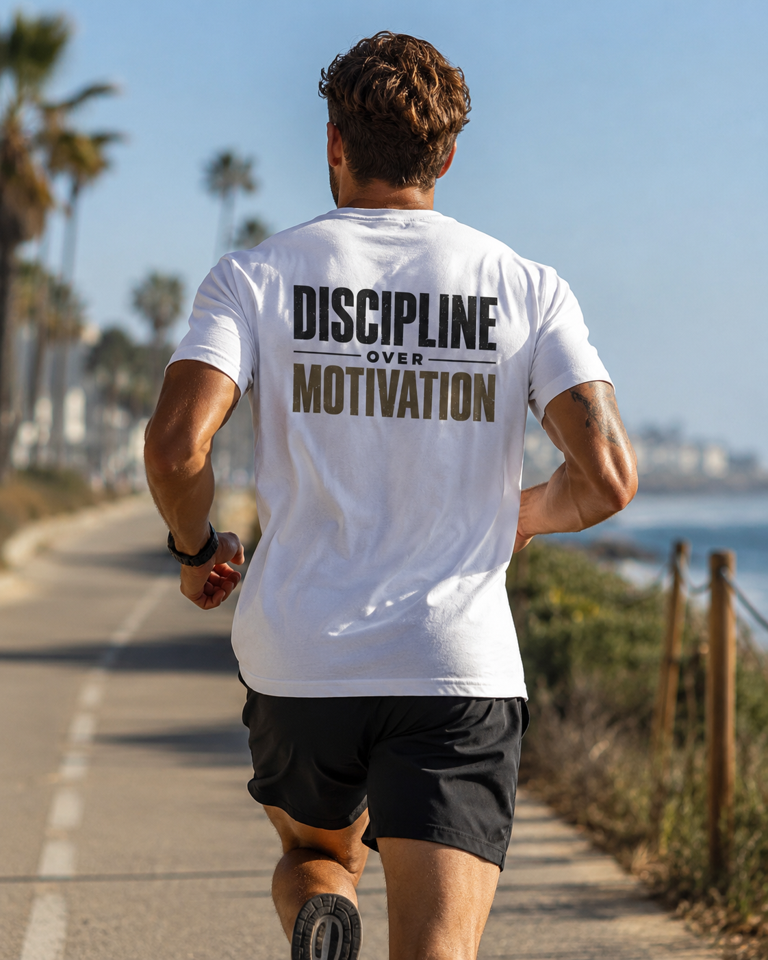 Man running on a coastal path in a Discipline Over Motivation T-shirt