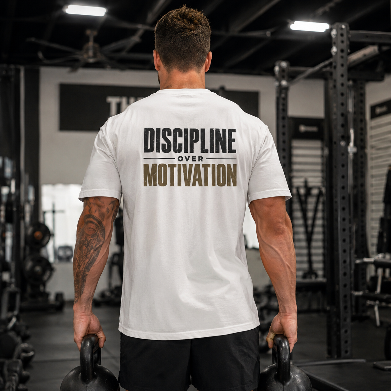 Man in a gym wearing the Discipline Over Motivation T-shirt